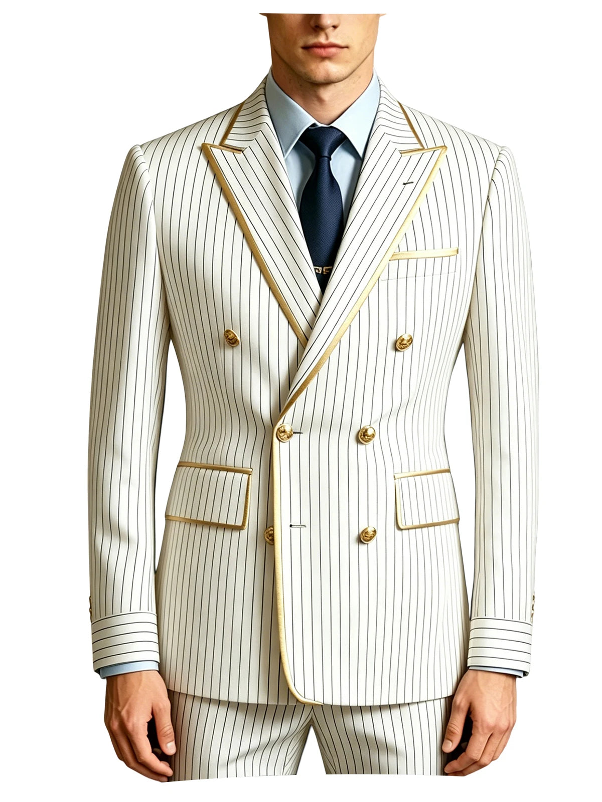 Voguable  Striped Slim Fit Men's 2-Piece Suit Set Double Breasted Jacket Business Casual Pants Formal Groom Wedding Dress Party Tuxedo voguable