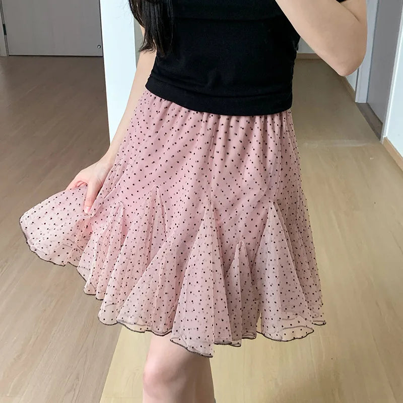 Voguable  Dot Mesh Cake Skirt Women Summer High Elastic Waist A-line Short Skirts for Woman Sweet Ballet Style Ruffles Puffy Skirt voguable