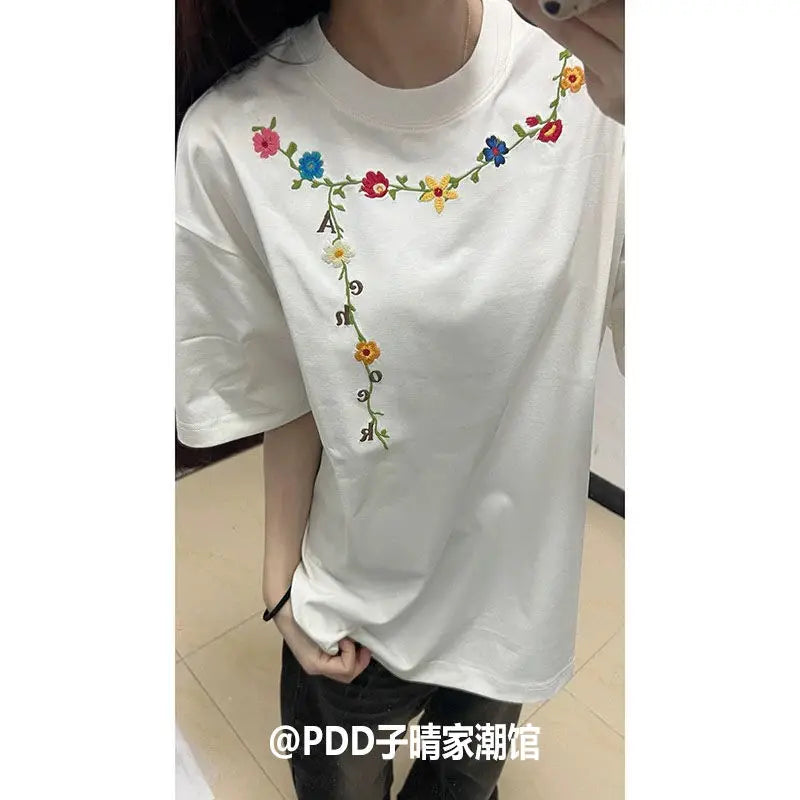 100% Cotton White Embroidered Flowers Short Sleeve for Women Casual Men O-Neck Streetwear Tees oversize Pullover Unisex T-Shirts voguable