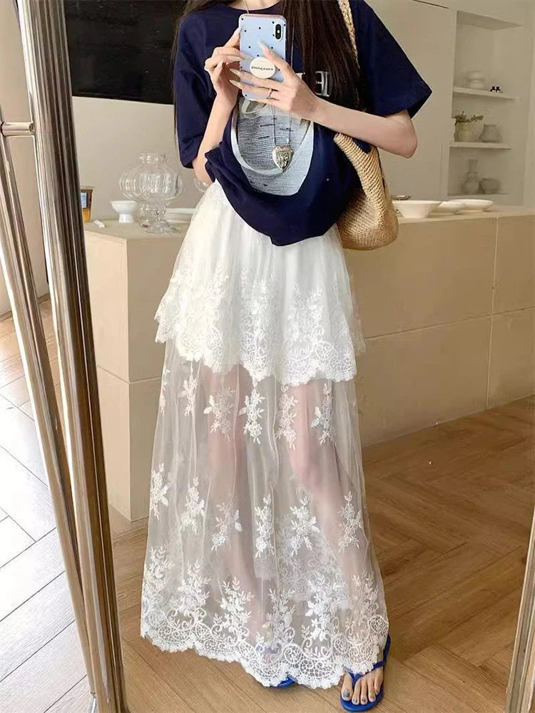 French Elegant Lace Midi Skirts Women Summer New Chic Patchwork Mesh Y2K Female High Waist Jacquard All Match A Line Skirts voguable