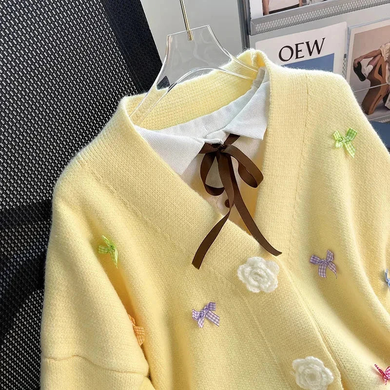 3D Floral Sweet Bow Cardigan Sweaters Women Preppy Style Loose V Neck Korean Knitted Jacket Casual Fashion Long Sleeve Fall Tops voguable