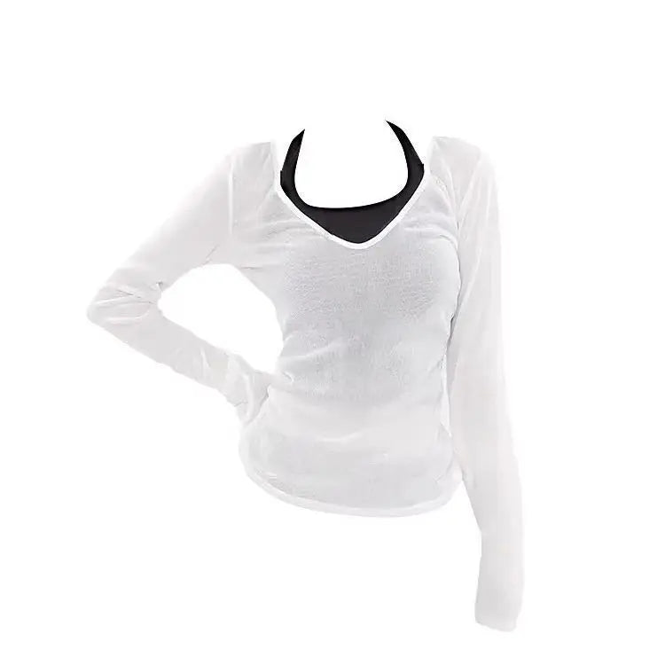 Long Sleeve Women Sun-protective T-shirts+ Camisole Set Korean Slim Basic Elasticity Pullovers Thin Perspective Sexy 2 Piece Set voguable