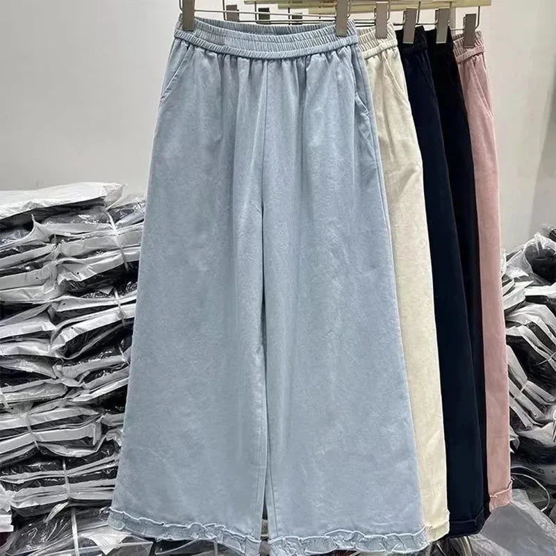 Korean Chic Ruffle Patchwork Ankle Length Pants Women Summer High Waist Loose Wide Leg Pants Elastic Waist Baggy Casual Trousers voguable