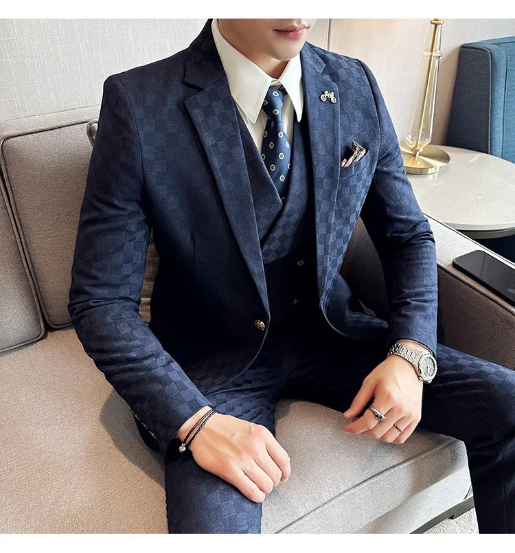 Voguable （Jacket+Vest+Pants）Classic Plaid Korean Slim-fit Men's High-end Banquet Dress Suit Fashion Men Formal Business Social Host Suit voguable