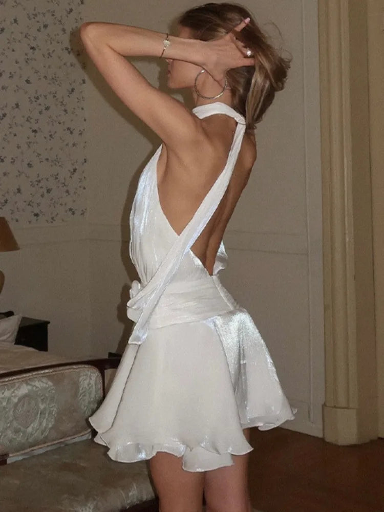 Chiffon Flower Backless Sexy Mini Dress Women White Halter Sleeveless A-line Ruffle Club Party Dress Elegant Fashion voguable