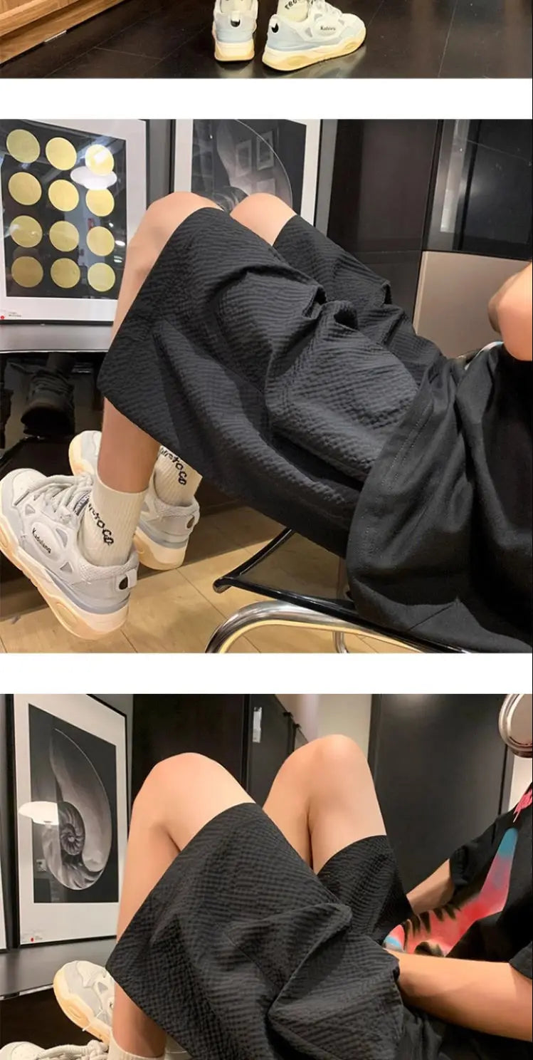 Fashion Elastic Lace Up Seersucker Thin Ice Silk Black Pink Quick-drying Breathable Shorts Casual Beach Shorts Pants Clothes voguable