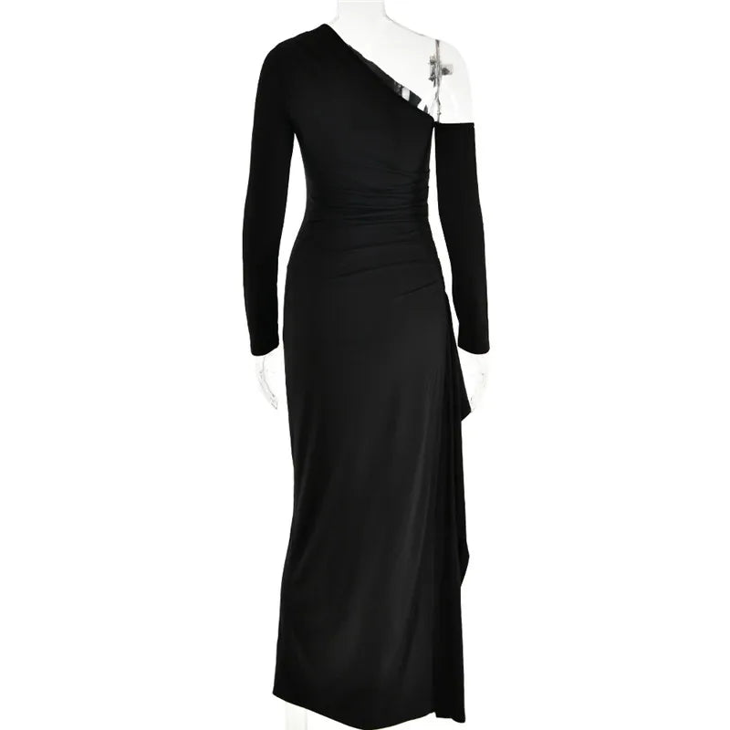 Oblique Shoulder Thigh High Split Maxi Dress Women Long Sleeve Backless Bodycon Sexy Club Party Long Dress Vestidos voguable