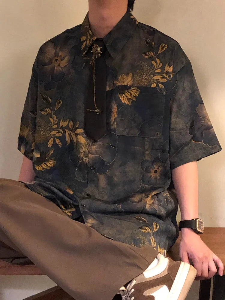 Summer American Trendy Casual Tops New Chinese Style Vintage Hong Kong Style Printed Short-sleeved Shirt Men's Loose Tops Chic voguable