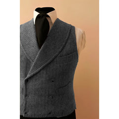Shawl Lapel Men's Leather Vest Male Dress Casual Herringbone Tweed Double Breasted Sleeveless Jacket Vests for Men Dress Up voguable