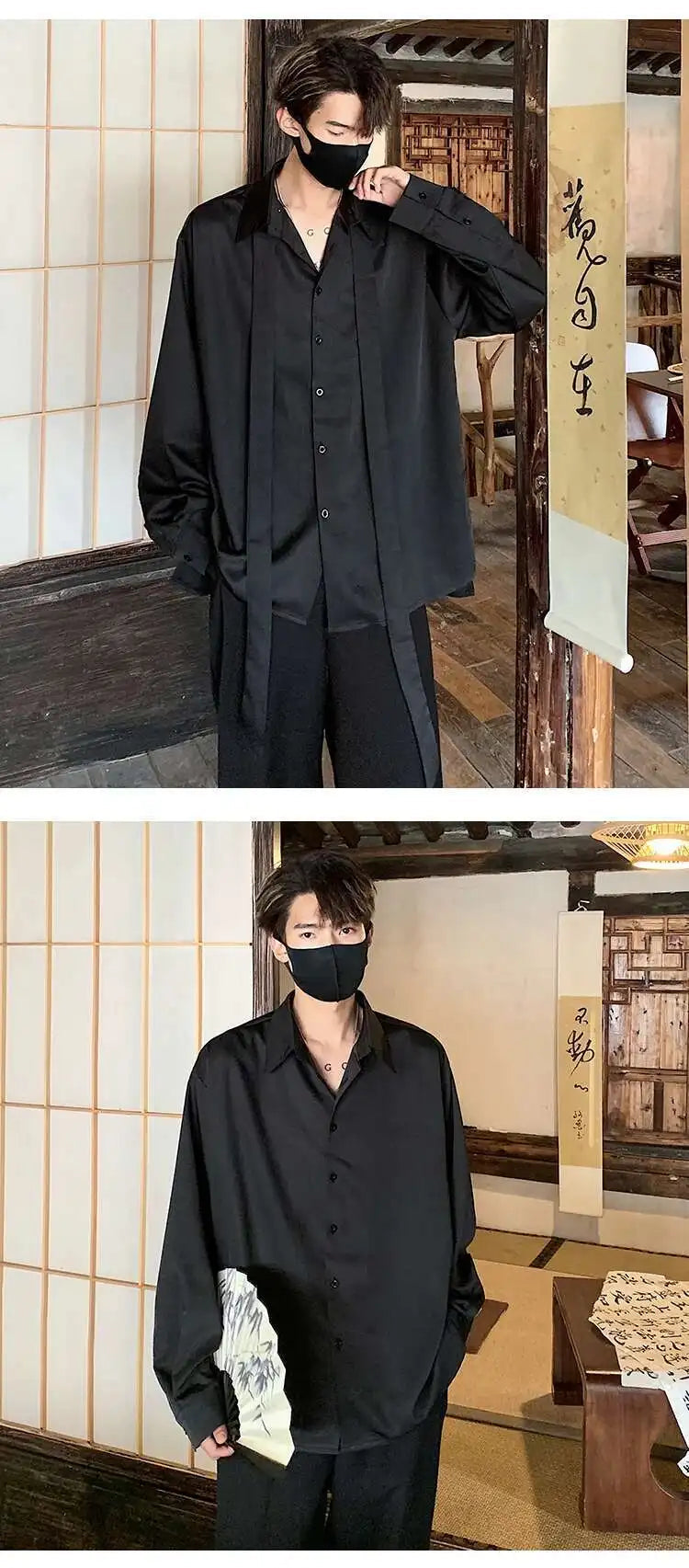 Korean Style Men's Shirts Turn-down Collar Detachable Tie Lace-up Design Single Breasted Casual Solid Color Male Tops 9W180 voguable
