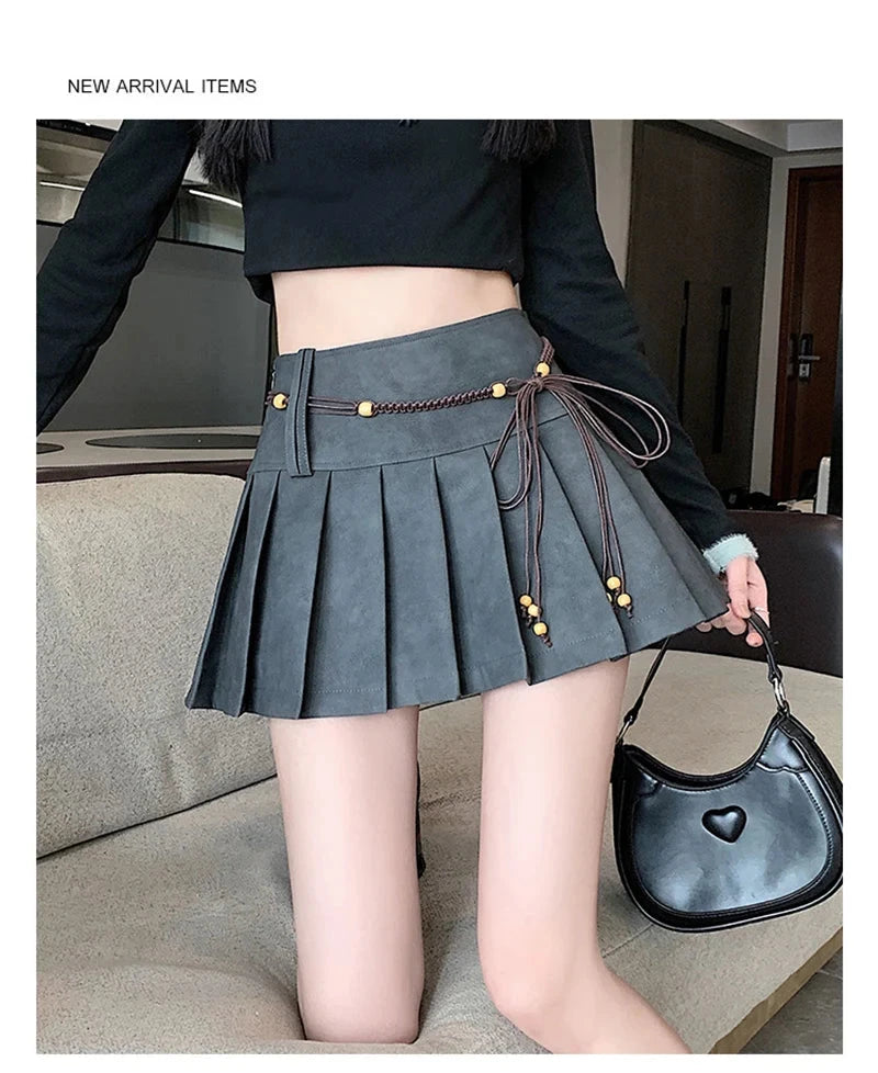Pu Sexy Pleated Skirts Women High Waist Vintage Mini A Line Skirt Fall Winter Casual Preppy Style Female Sweet Retro Skirt voguable