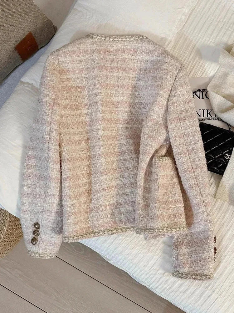 Pink Women Sweet Tweed Jacket Vintage Long Sleeve Slim O Neck Coat Korean Fall Winter Retro Small Fragrance Elegant Tops voguable