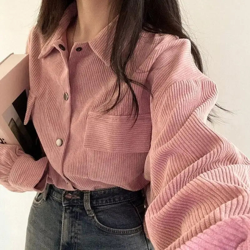 Vintage Corduroy Cropped Jacket Women Korean Fashion Long Sleeve Drawstring Blouses Female Casual Loose Single Breasted Coats voguable