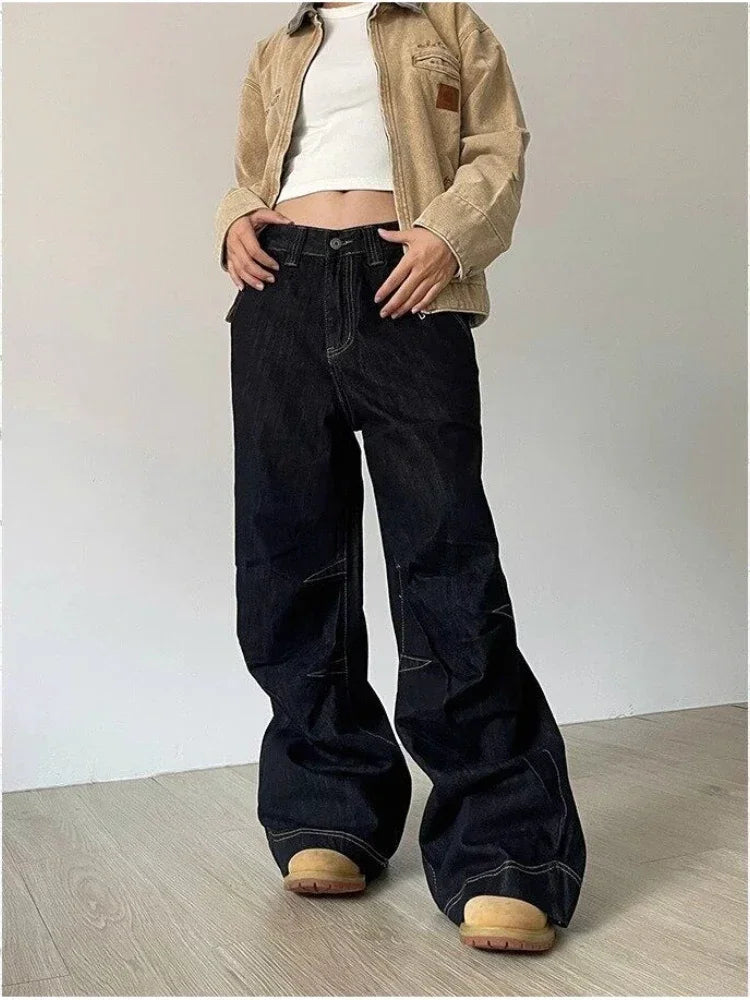 Grunge Black Jeans Women Y2k Vintage Oversized High Street Wide Cargo Denim Trousers Casual Baggy Straight Denim Pants voguable