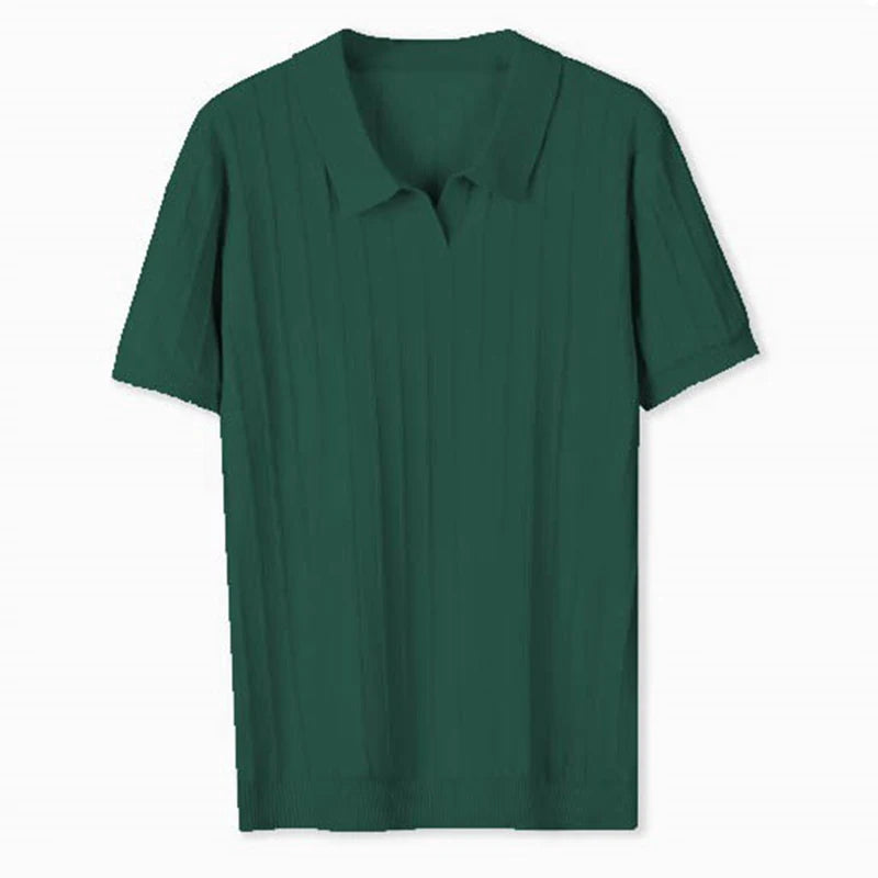 New Men's Clothing Luxury Business V Neck Polo Shirt Casual Slim-fit Knitted Solid Color Short Sleeve T-shirt High Quality Tops voguable