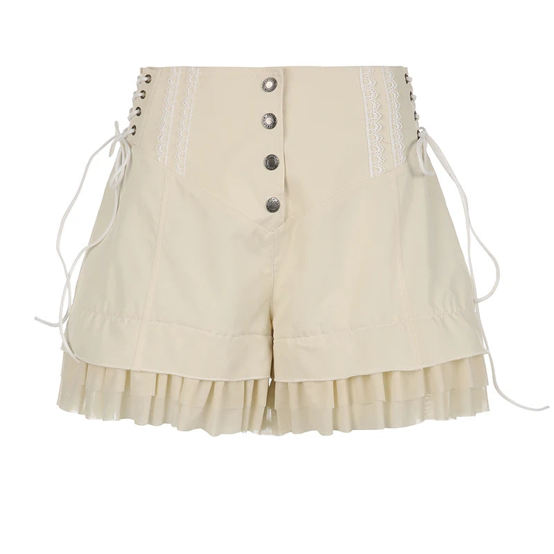 Voguable  Sweet Mesh Tiered Ruffle Shorts Skirts Khaki Wide Form Side Bandage Cute Hot Pants Lolita Style Soft Girls Shorts Y2K voguable