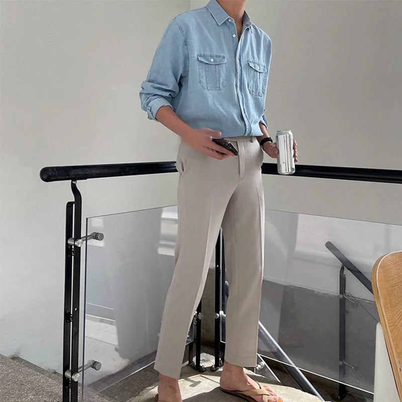 Autumn Clothing Men's Denim Long-sleeved Pocket Shirt Casual Korean  Popular Button-down Streetwear Luxury Stylish Outerwear voguable