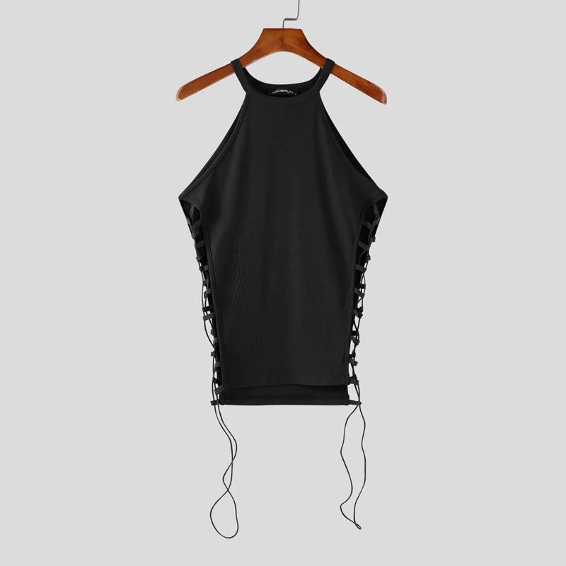 Fashion Men Tank Tops Solid Color Drawstring Hollow Out Sexy Male Vests Summer Streetwear 2025 Skinny Men Clothing S-3XL voguable