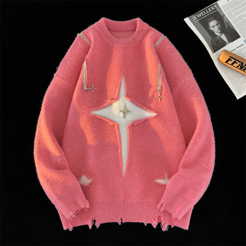 Men Sweater Streetwear New Retro Hole Fringed Loose Versatile Long Sleeve Pullover gotmes-shop