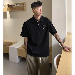 Summer New 100% Cotton High Street Hip-hop Polo Shirt Short Sleeve T-shirt Men's Japanese Casual Niche Loose Solid Color Top voguable