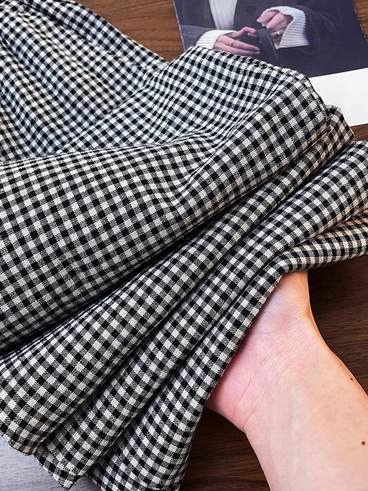 Korean Chic Plaid Casual Pants Women Summer High Waist Retro All Match Wide Leg Pants Y2K Loose Drawstring Straight Trousers voguable