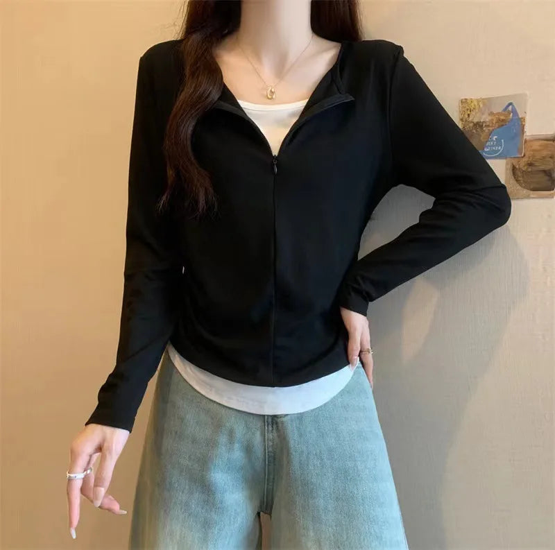 Long Sleeve T Shirt Women Fashion Fake Two Pieces Patchwork Basic Slim Zipper Slimming Bottoming Shirt Retro Red Casual T-shirt voguable