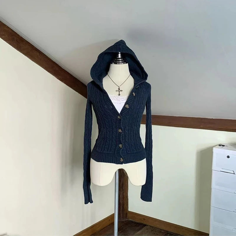American Navy Blue Knitted Hooded Cardigan Y2K Fashion Slim Casual Buttons Sweater Jacket Female Long Sleeve All-Match Sweaters voguable