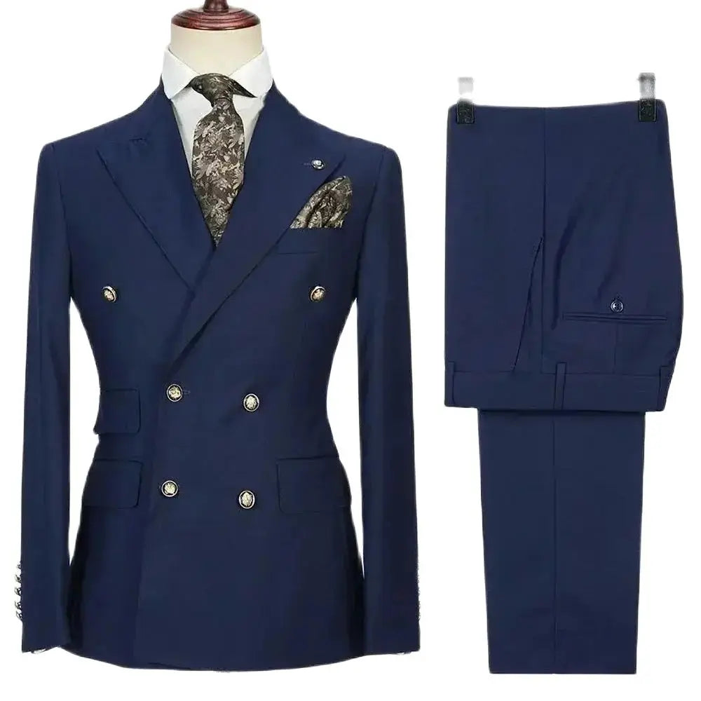 Voguable Navy Blue Men Suits Slim 2 Piece Fashion Peak Lapel Double Breasted Male Suit Business Casual Wedding Tuxedo Blazer with Pants voguable