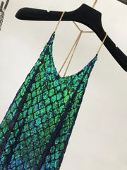 Voguable  Sexy Dresses Party Night Club Dress Dress Summer Metal Hanging Neck Sequins Backless Holiday Skirt with Shoulder-straps voguable