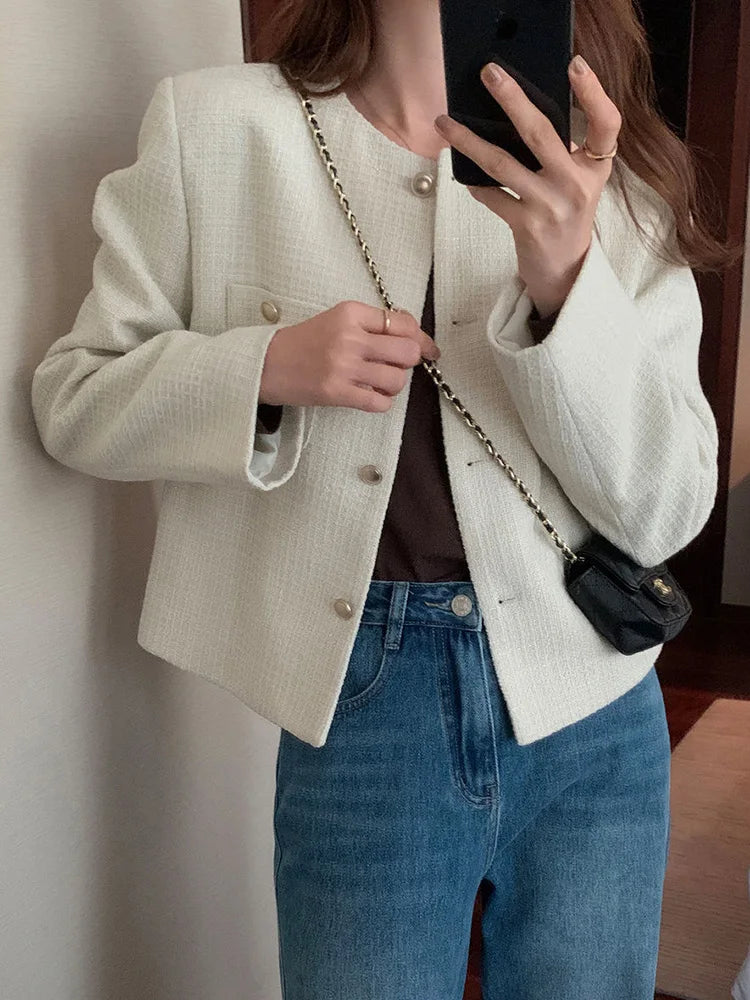 Elegant Chic Tweed Jacket Women O Neck Slim Long Sleeve Fashion Short Coats Casual French Sweet Small Fragrance Outwear Lady New voguable