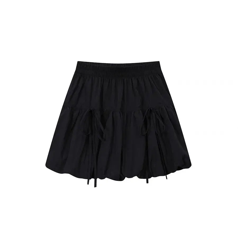 Women Y2k Bubble Mini Skirt Elastic Waist Ruffle Flare Puffy Skirt High Rise Cute Pleated Lace-up Bow Tie Lantern Short Skirt voguable