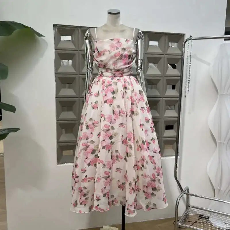 Vintage Printing A-line Folds Sling Dresses For Women Summer New High Waist Backless Pleated Long Dress voguable