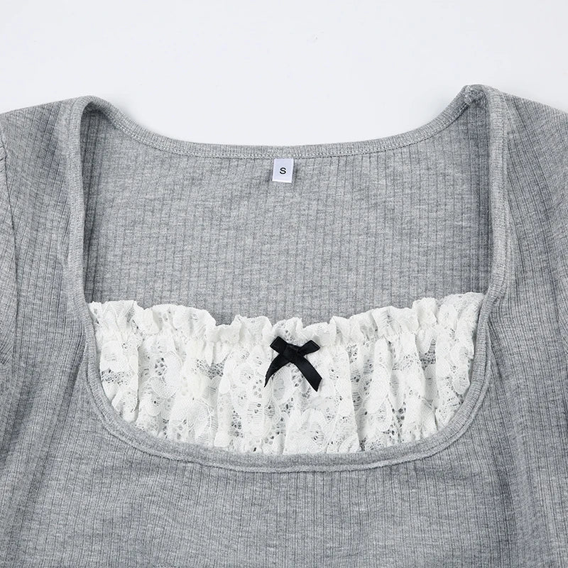 Voguable Y2K Contrast Lace Patchwork Knitted Top Women Cute Casual Basic Short Sleeve T-shirts Summer Coquette Square Collar Tee voguable