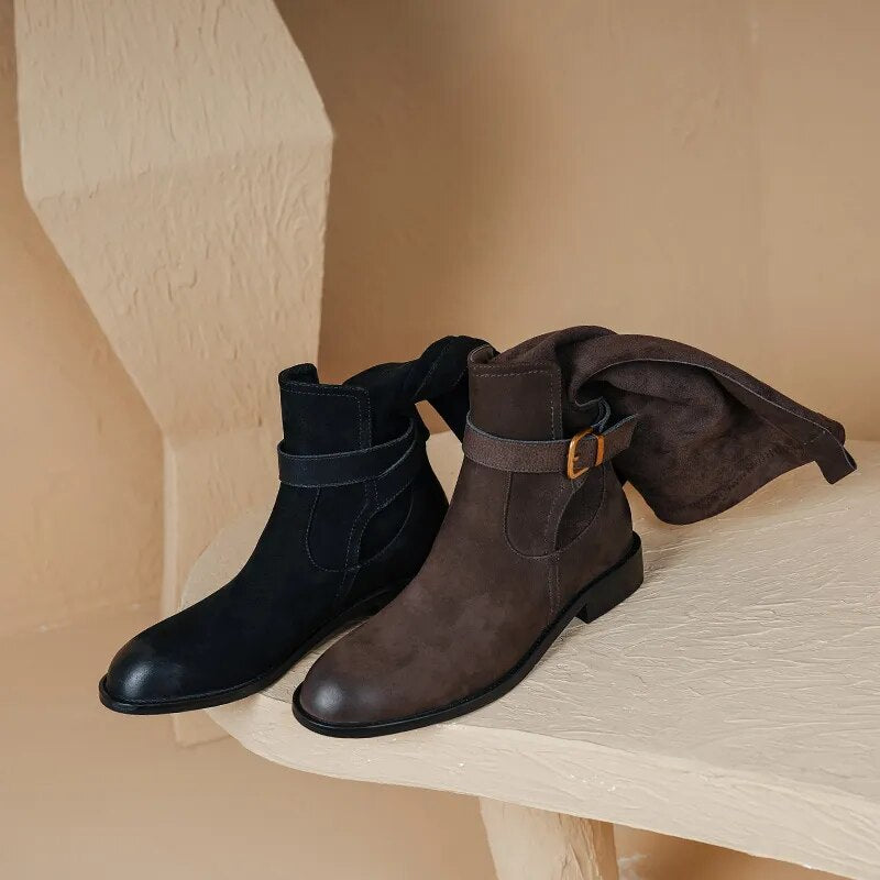 New Vintage Women Knee-High Boots Cow Suede Leather Thick Heels Office Ladies Working Shoes Woman Autumn Winter Retro Style voguable