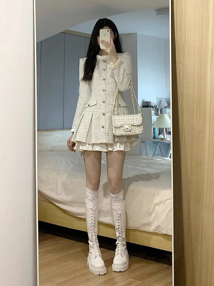 Voguable  White Slim Waist Polo Women Dresses New Spell Color Single Breasted Elegant Fashion Female Dress Simple Casual Streetwear voguable