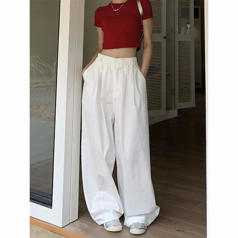 Y2K White Hip Hop Wide Leg Pants Women Autumn High Waist Korean Oversized Cargo Trousers Loose Chic All Match Streetwear voguable