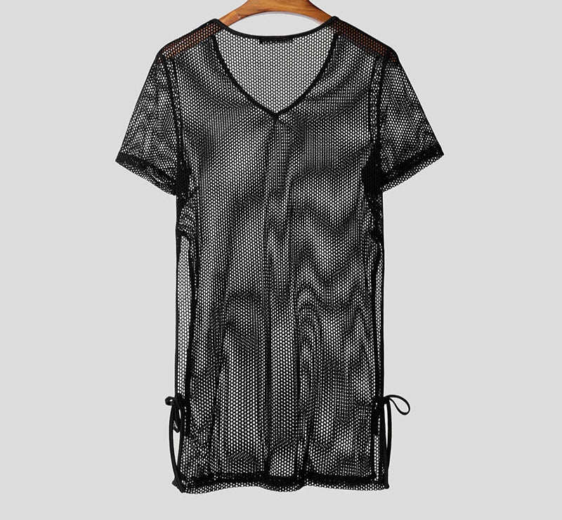 Men T Shirt Hollow Out Transparent V Neck Short Sleeve Male Tee Tops Solid Color Hollow Out Split Camisetas Streetwear voguable