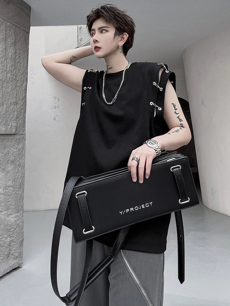 Voguable Stylish High Street Original Sleeveless T-shirts Men's 2024 Summer New Trendy Metal Buckle Decorate Male Vets Tops voguable
