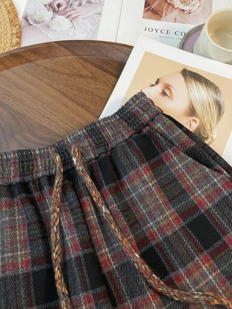 Retro Streetwear Plaid Pants Women Lace Up Loose Hip Hop Straight Trousers High Waist Casual Vintage Harajuku Bf Wide Leg Pant voguable