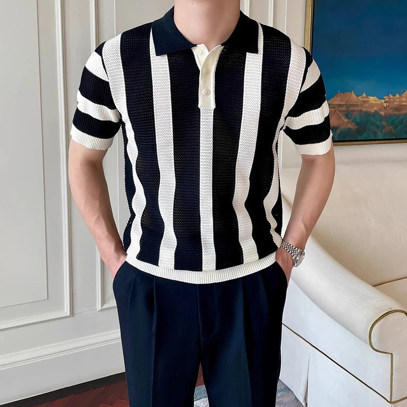 Men's Clothing Urban Fashion Striped Knit Polo Shirt Casual Business Slim Short Sleeve T-shirt Chic Hollow Out Breathable Tops voguable