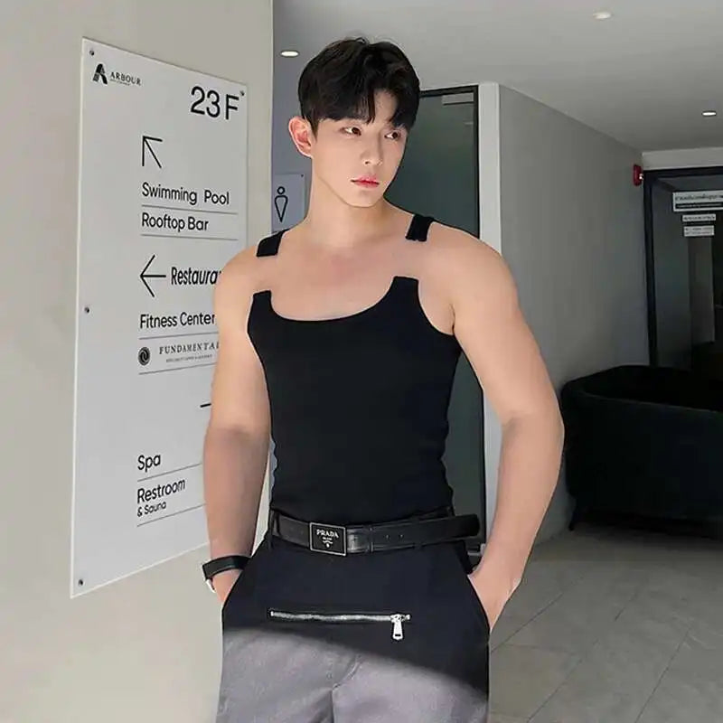 2025 New Fashion Male Vest Patchwork Personality Sleeveless Top Men's Solid Color Slim T-shirt Spring Trendy 9A8204 voguable