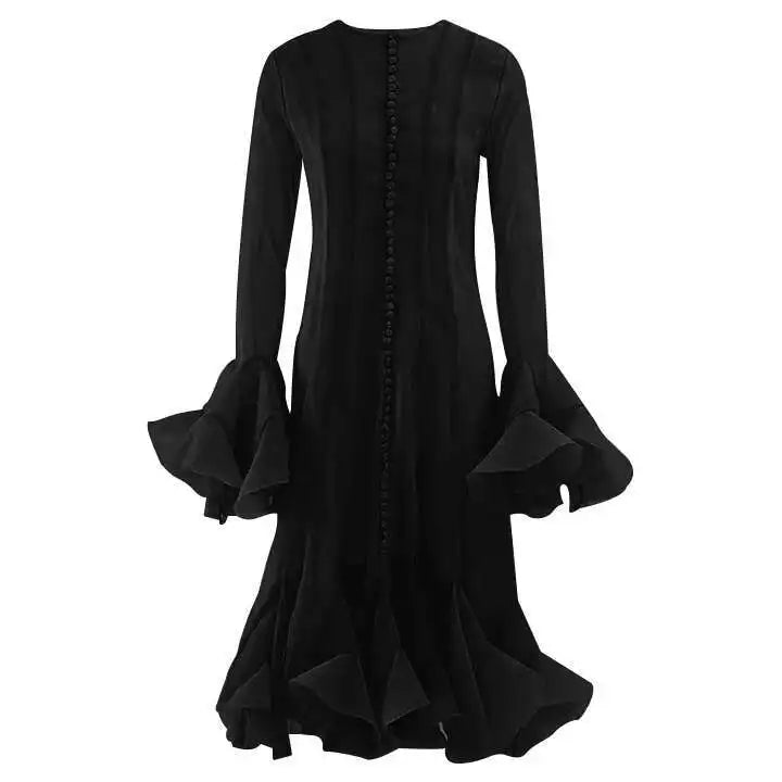 French Niche Women's Dress O Neck Button Flare Long Sleeve Spliced Ruffles Hem Solid Elegant Mini Dress 2025 New voguable