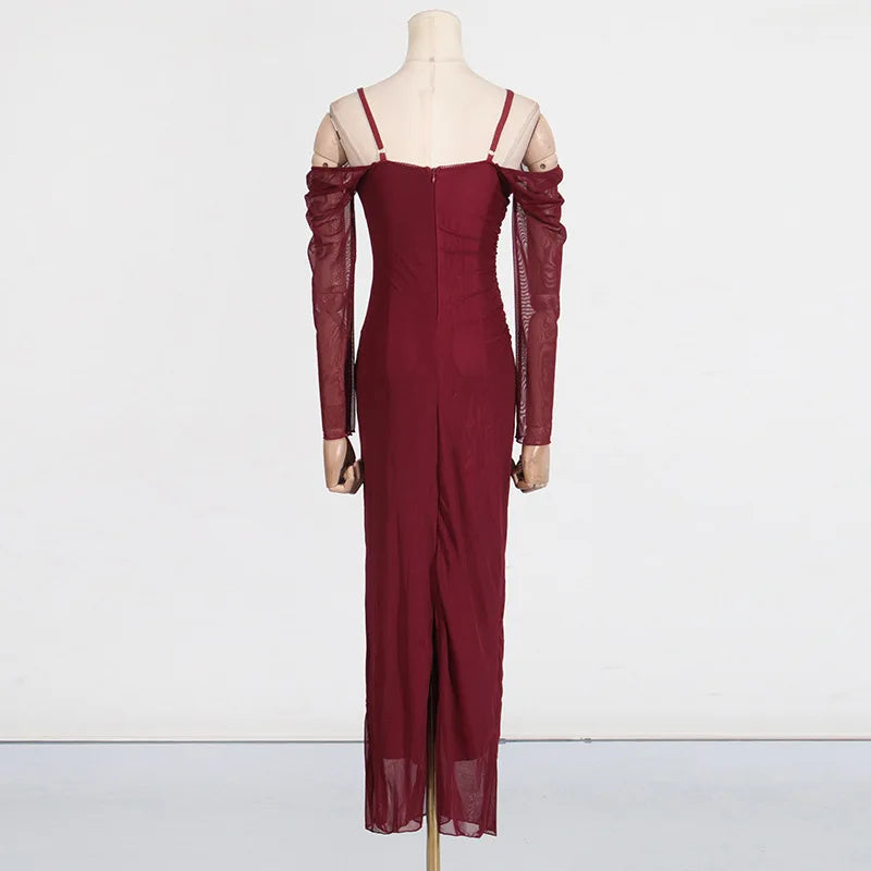 2025 New Lace Patchwork Sexy Streetwear Long Dress V-neck Tight Slit Party Dress Spring Summer Off Shoulder Fashion Vestidos voguable