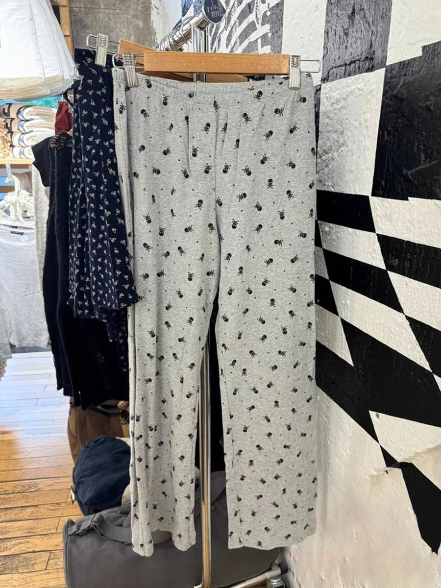 Skull Print Gray Vest Pants 2 Pieces Set Pajama Woman Sleeveless Slim Tank Top High Waist Straight Long Pant Cotton Vintage Sets voguable