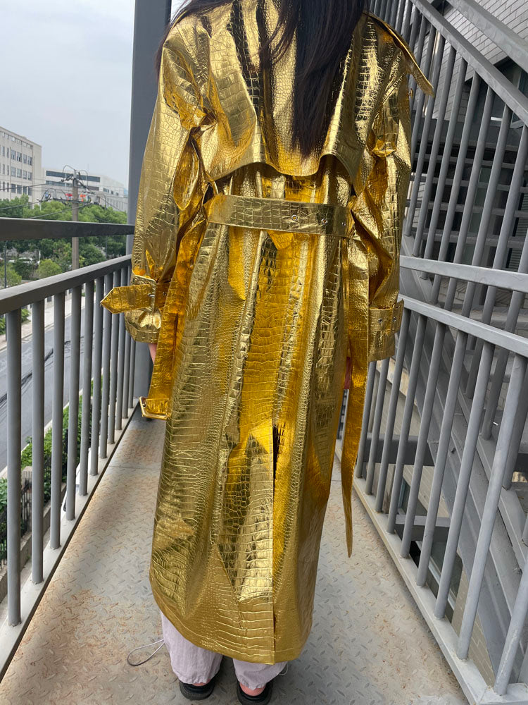 Long Silver Snake Skin Trench Coats Women Fashion Slim Belt On Waist Fake Leather Jackets For Women Winter Autumn Coats voguable