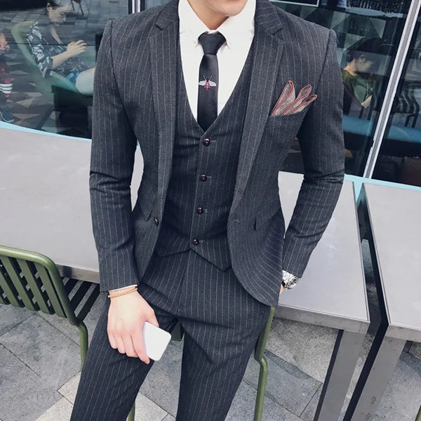 Voguable S-7XL ( Blazer + Vest + Pants ) Groom Wedding Dress Dark Plaid Classic Retro Men's Formal Business Suit Three-Piece Set voguable