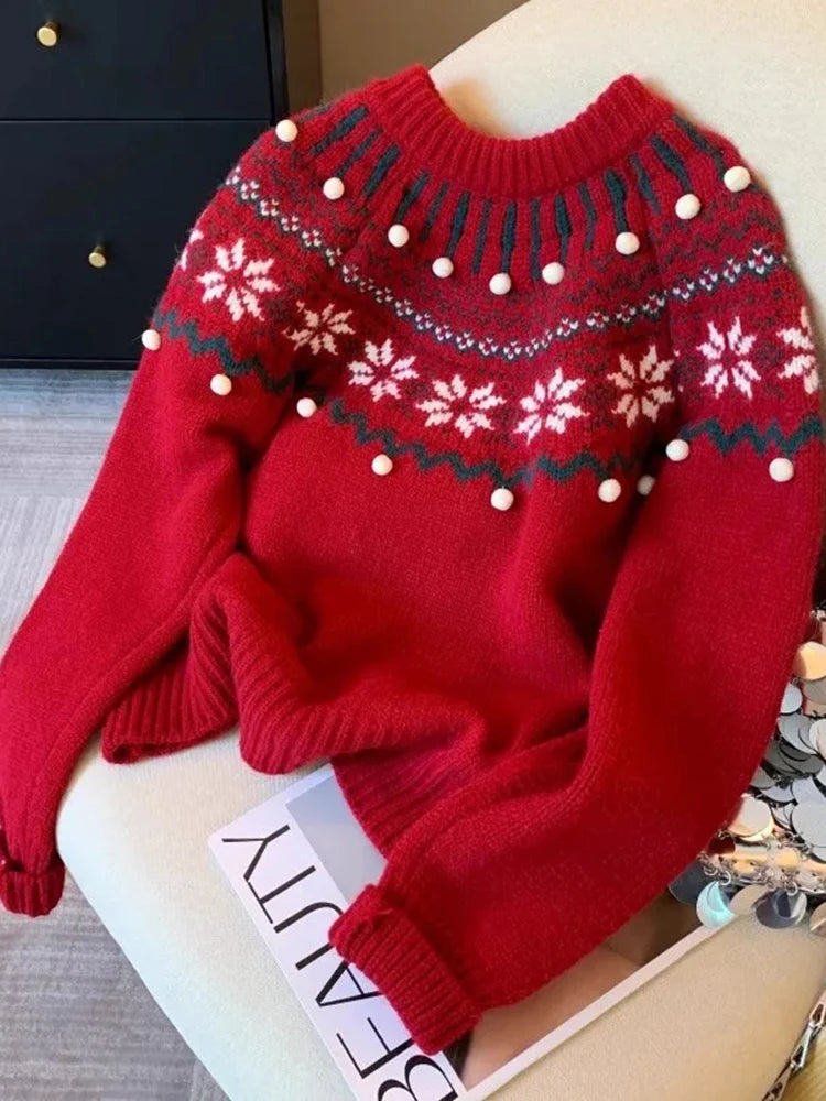Sweet Print Christmas Red Sweater Women Cute O Neck Vintage Knitted Jumper Casual Korean Lady Fall Winter Preppy Style Loose Top voguable