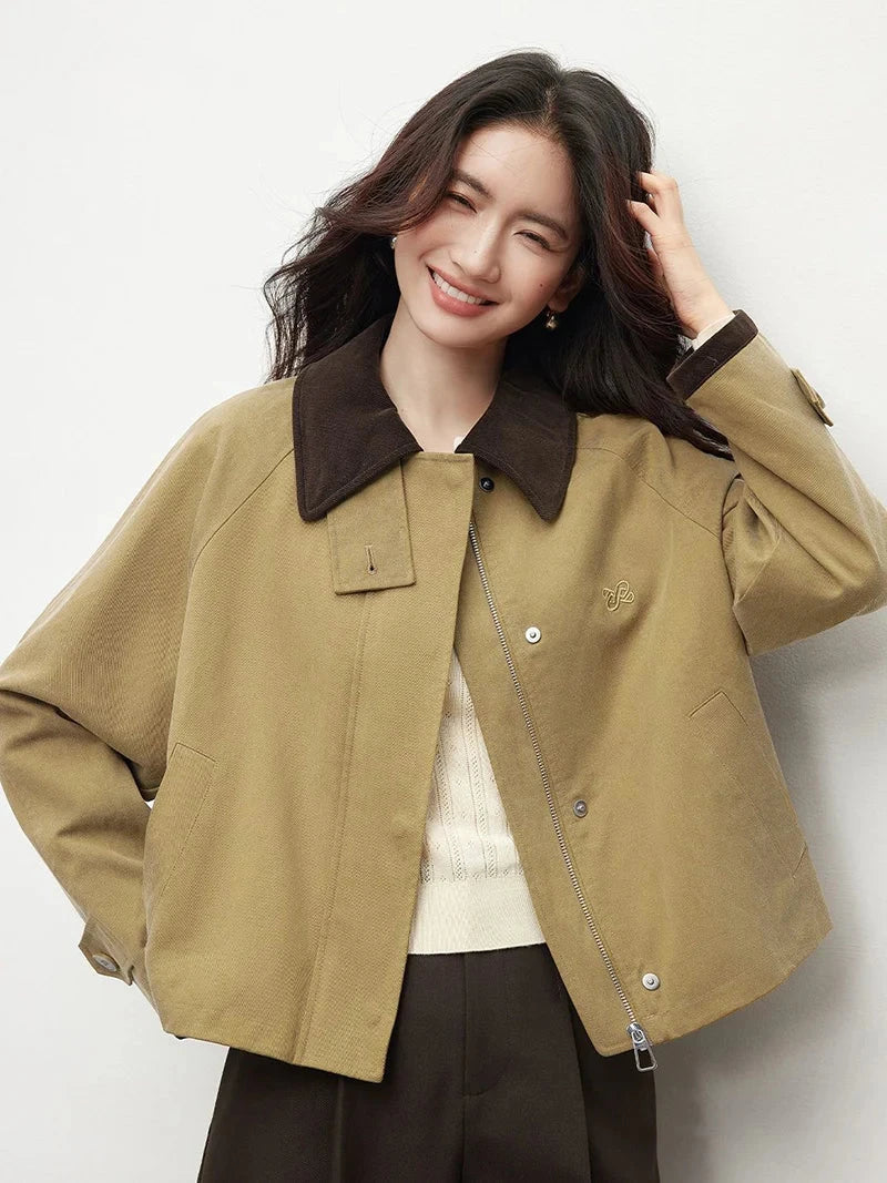 Vintage Casual Khaki Jacket Women Long Sleeve Patchwork High Quality Coat Korean All Match Women Fall Winter Embroidery Top voguable