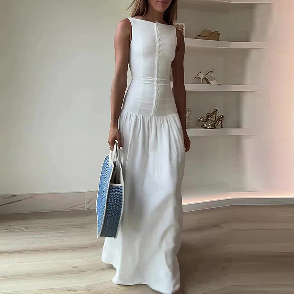Dresses Spring Summer K-Style Skinny Fit Single Breasted Sleeveless Boat Neck Maxi Bodycon Casual Dresses For Women voguable
