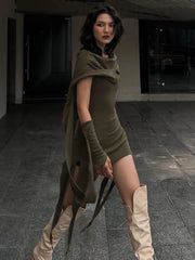 Voguable Grunge Fairycore Hooded Dresses Matching Sleeve Gloves Fashion Vintage Irregular Mini Dress Women Club Party Outfits voguable